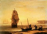 Famous Ship Paintings - Fishermen unloading the catch with a merchant ship in calm water off Brymer Bay, Devon